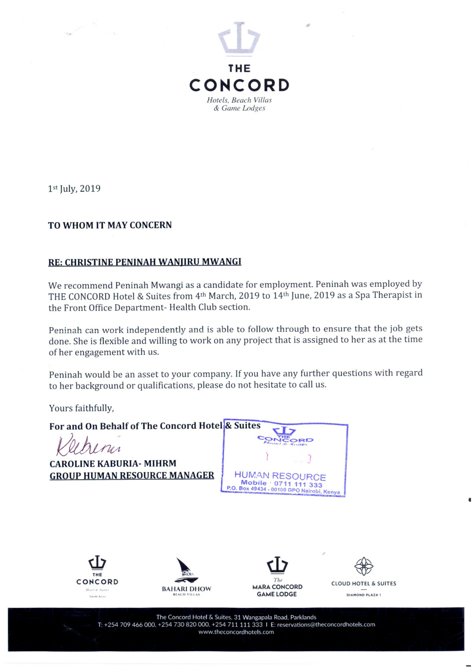 The Concord Hotel & Suites recommendation letter preview