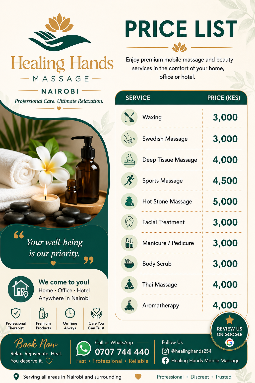 Healing Hands Mobile Massage Nairobi price list showing massage and beauty services with prices in Kenyan shillings